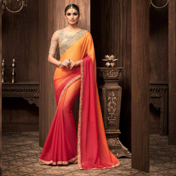 Red and Orange Heavy Work Saree Sri Lanka