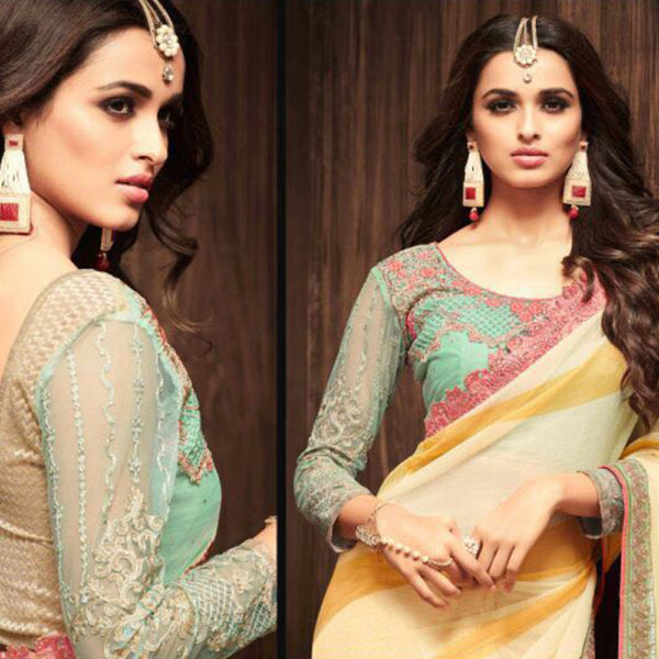 Yellow and Pink Heavy Work Saree Sri lanka