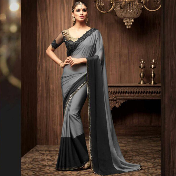 gray saree with black blouse