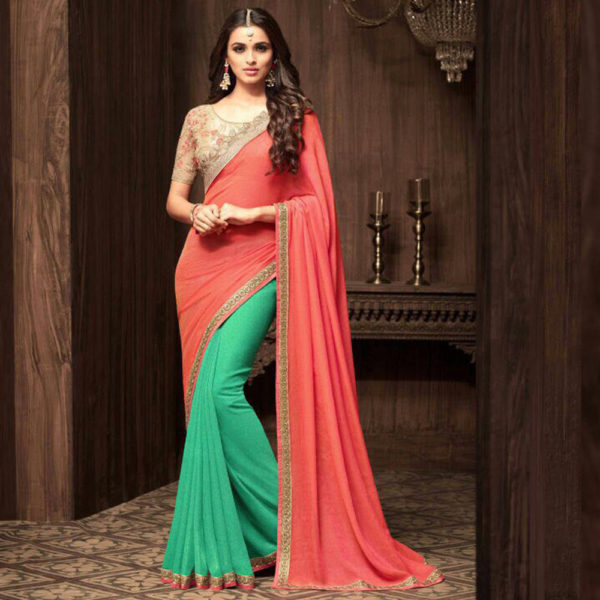 Pink Orange and Green Heavy Work Saree Sri Lanka