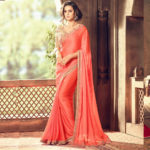 Peach Colour Georgette Saree with Heavy Blouse Design Sri Lanka