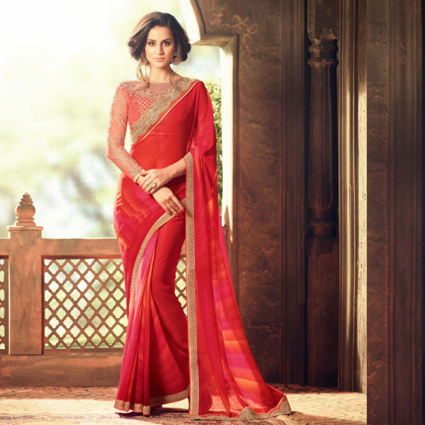 Red Color Georgette Saree with Heavy Blouse Design Sri Lanka