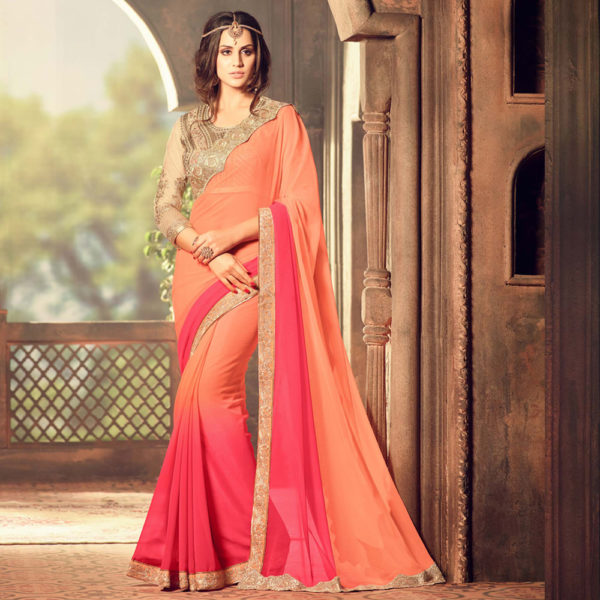 Orange Color Georgette Saree with Heavy Blouse Design Sri Lanka